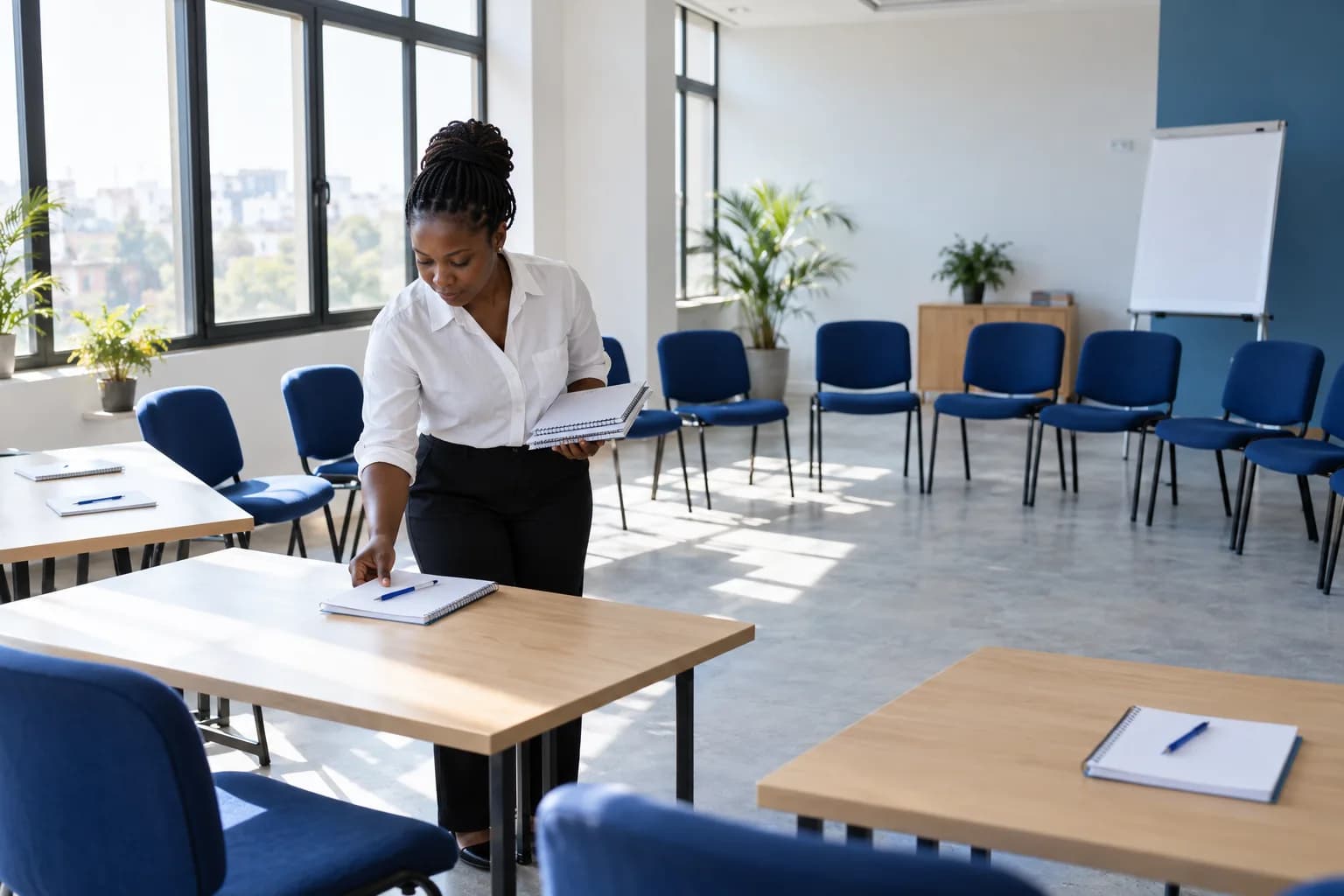 Fotografia ilustrativa gerada por IA: facilitador a preparar uma sala de formação.